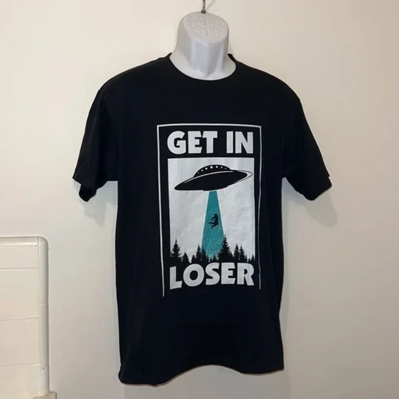Unisex “Get in Loser” Alien Abduction Black Graphic Tee - Picture 3 of 9